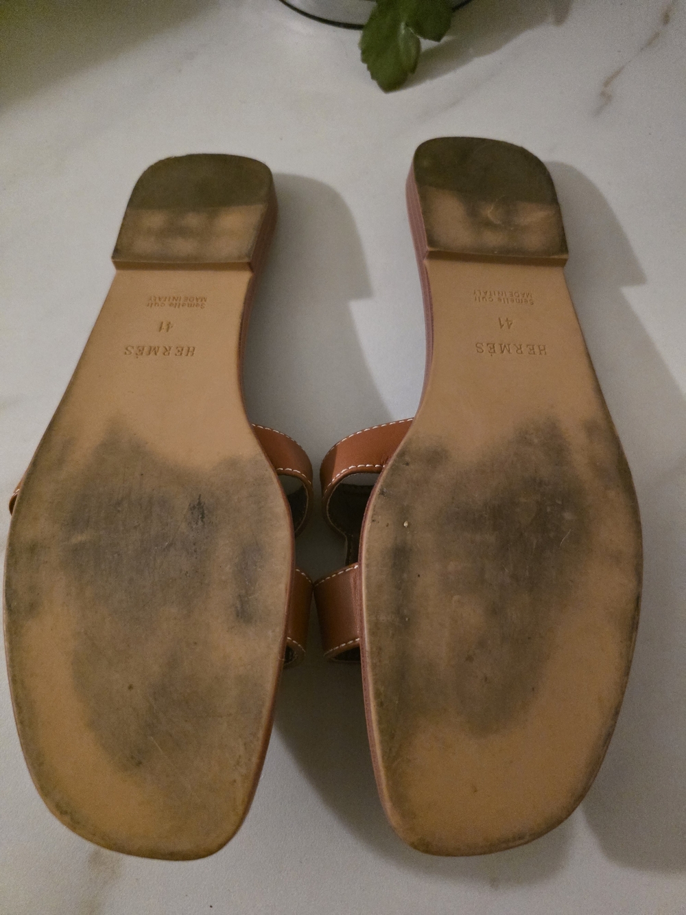 Hermes Tan Brown Oran Leather Slide Sandals - Picture 2 of 4